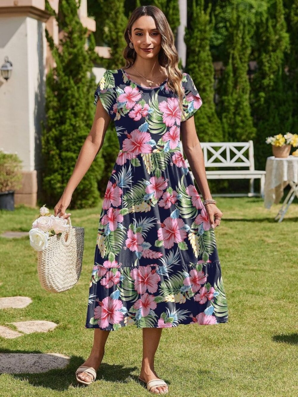 Summer Midi A-Line Dress for Women | Casual Flowy Tiered Sundress with Pockets - Picture 4 of 7